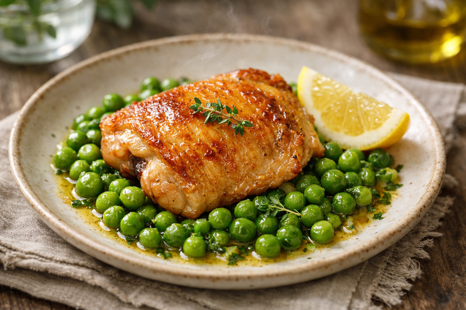 Pan-Roasted Chicken Thigh with Spring Peas & Lemon