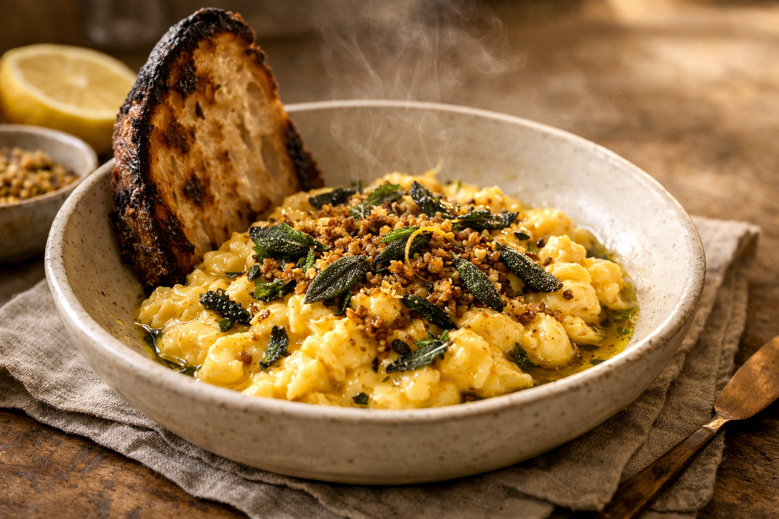 Whipped Feta & Charred Honey Scramble with Crispy Sage Oil & Toasted Freekeh Crumb