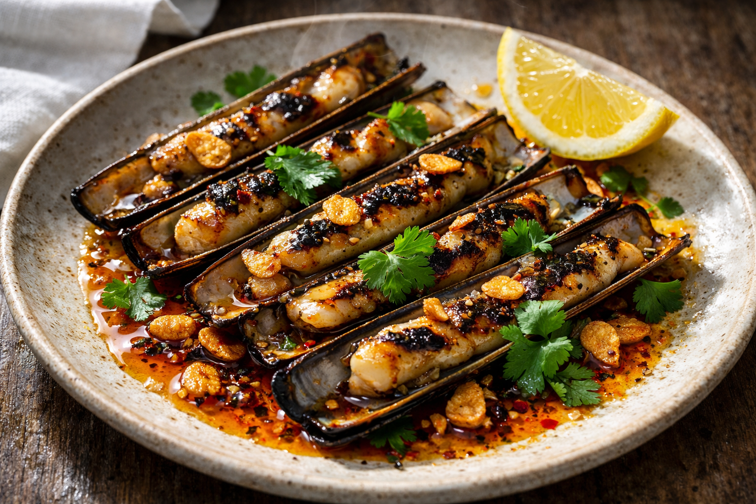Seared Razor Clams with Charred Garlic, Cilantro & Warm Chili Oil
