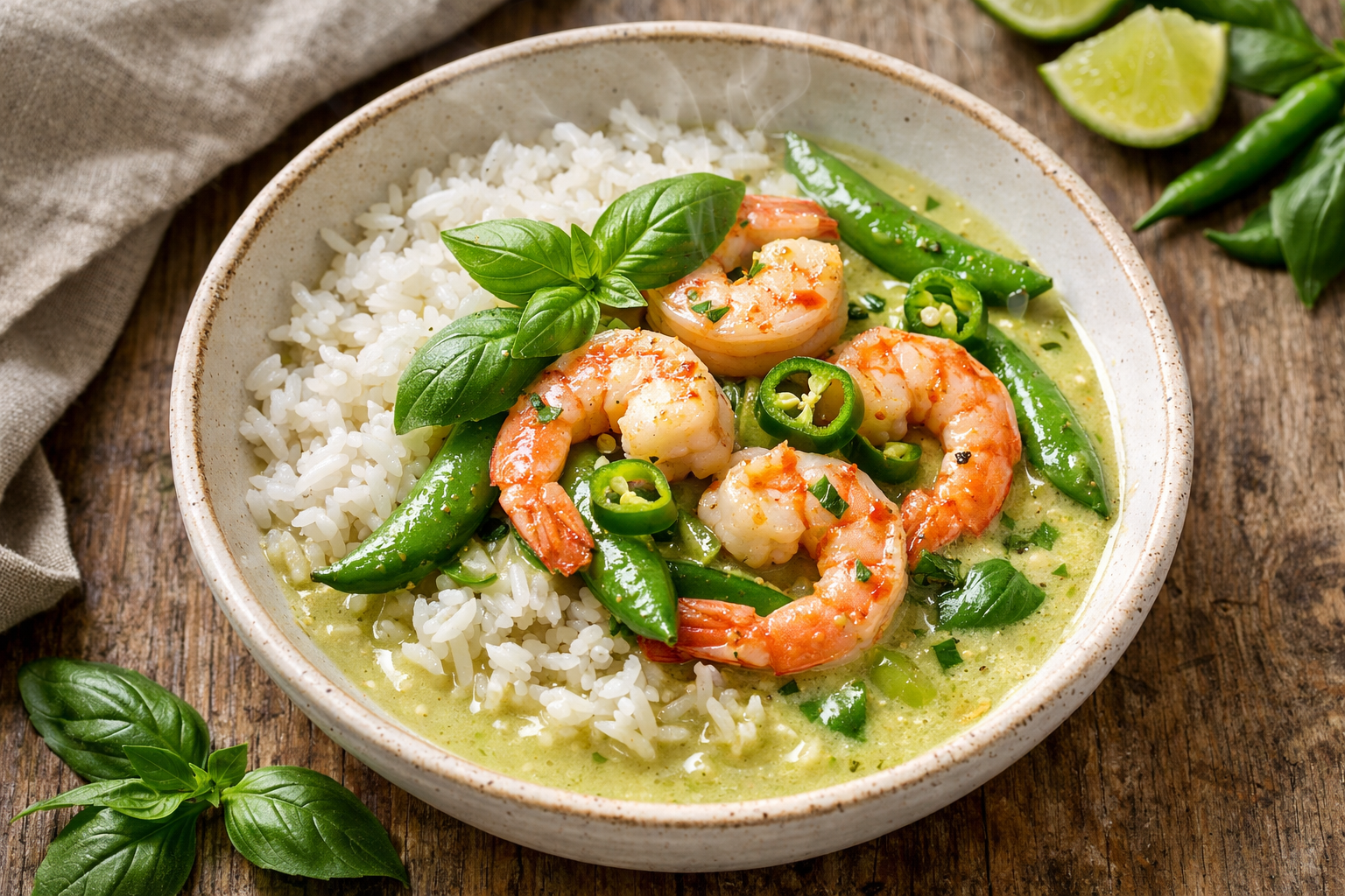 Green Curry Shrimp with Jasmine Rice & Snap Peas