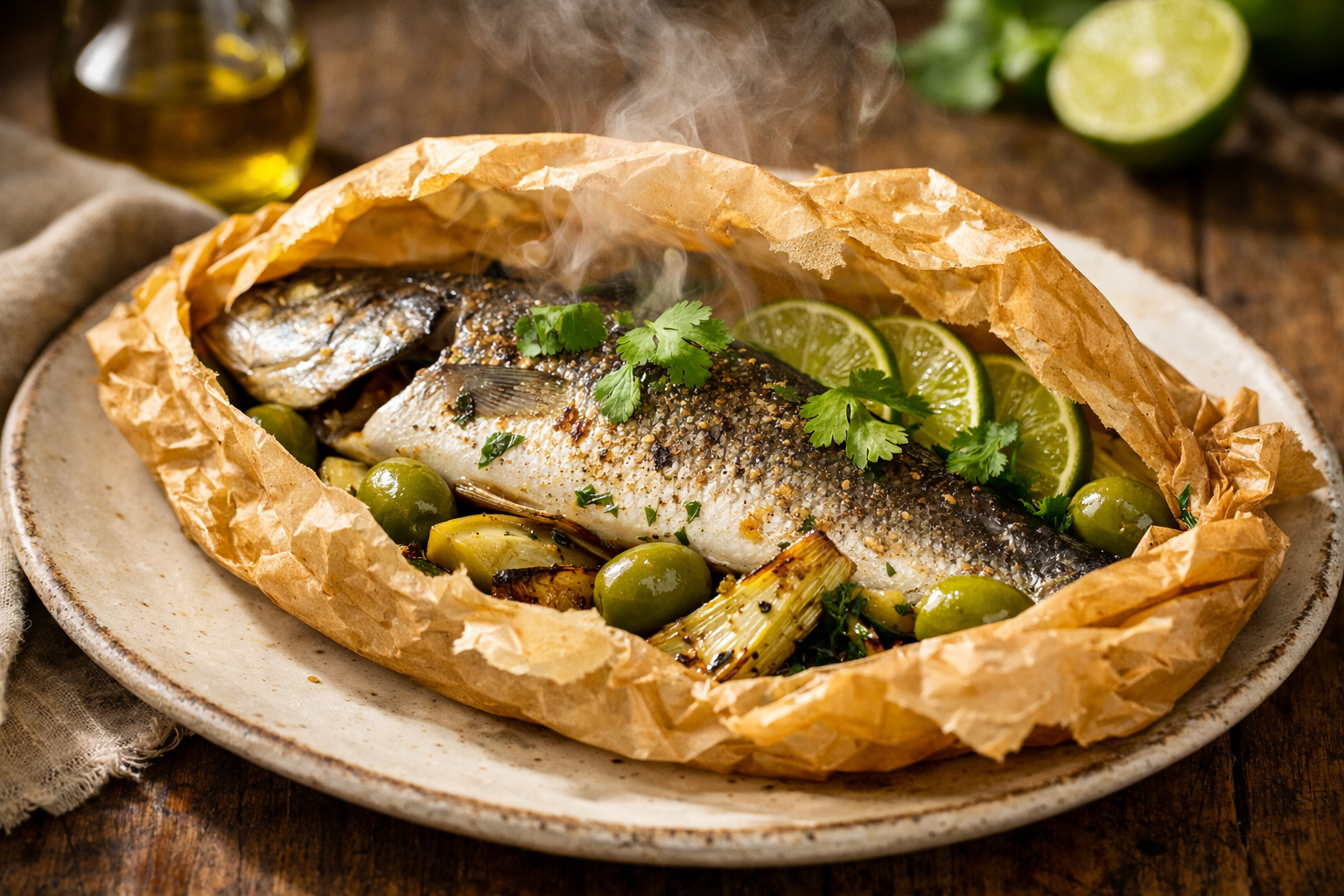 Whole Roasted Branzino en Papillote with Ají Amarillo, Green Olives & Charred Fennel