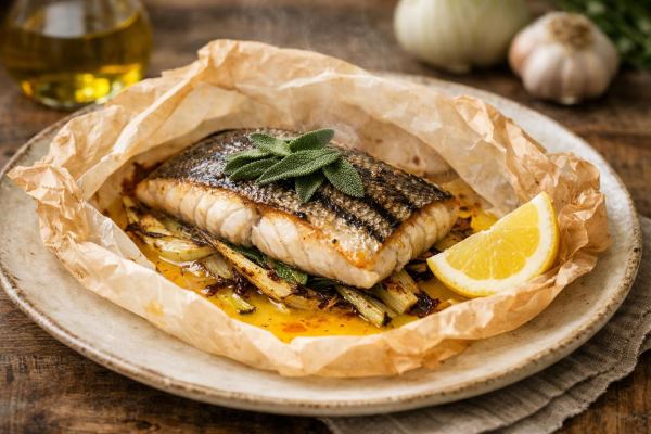 Pan-Seared Striped Bass en Papillote with Charred Fennel, Green Olive Tapenade & Saffron Beurre Blanc