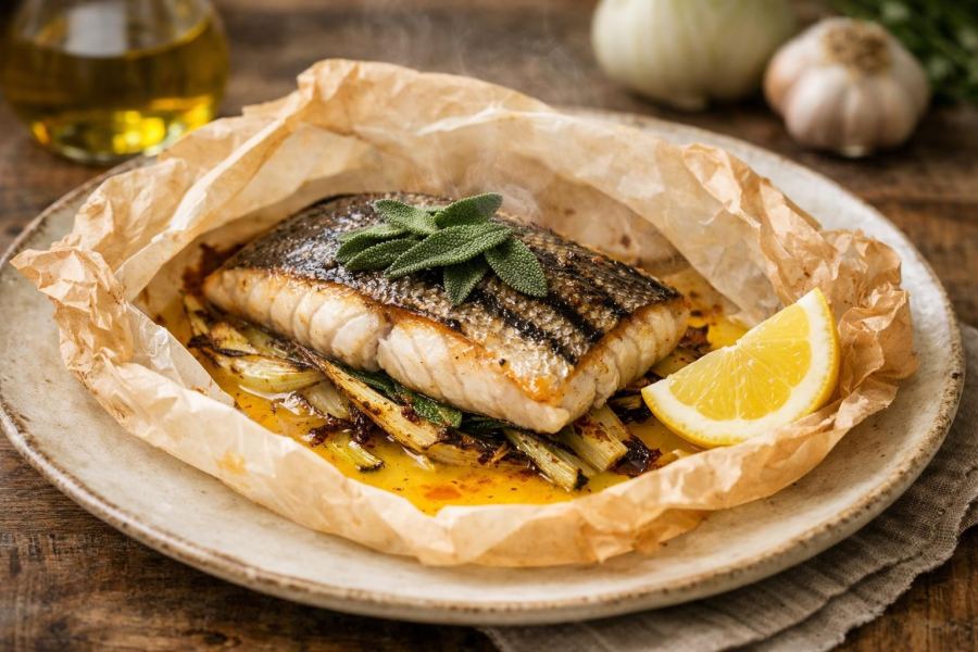 Pan-Seared Striped Bass en Papillote with Charred Fennel, Green Olive Tapenade & Saffron Beurre Blanc