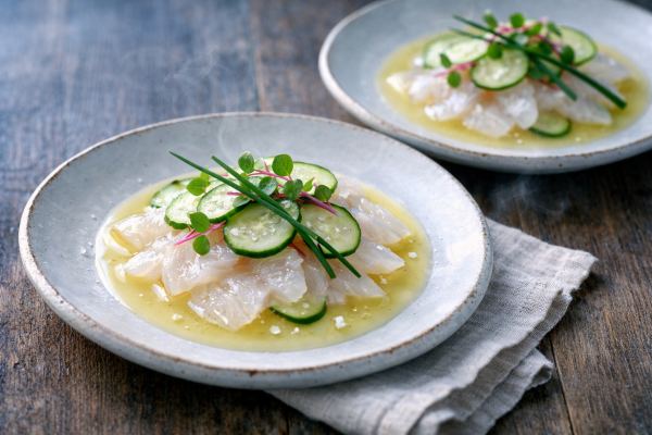 Poisson Cru en Assiette: Raw Summer Fish with Citrus Emulsion, Compressed Cucumber & Radish Microgreens