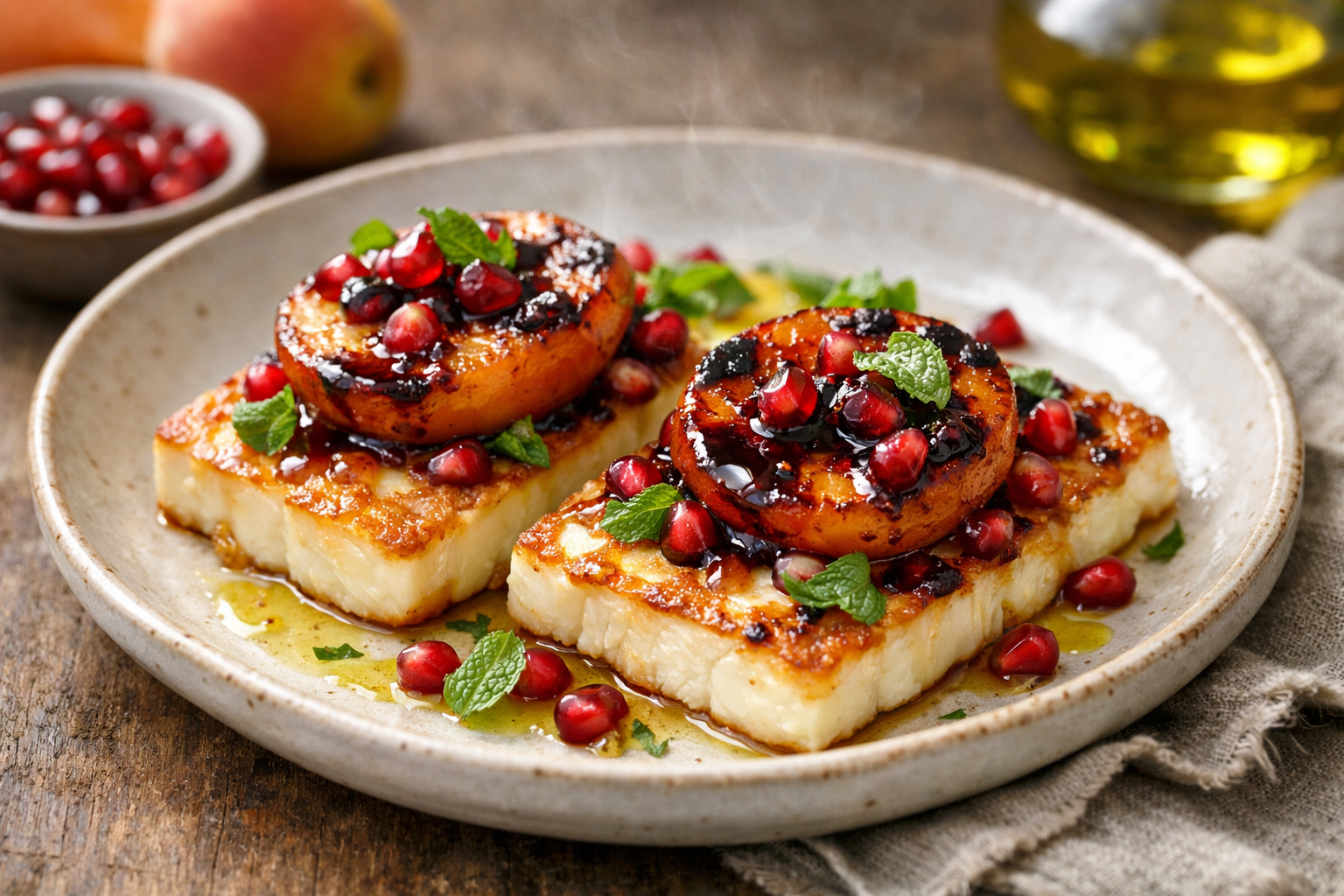Pan-Fried Halloumi with Charred Apricot & Pomegranate Molasses Glaze