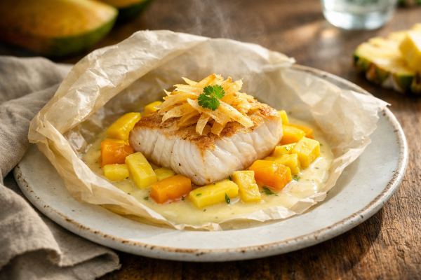 Pan-Seared Mero en Papillote with Charred Tropical Fruit, Scotch Bonnet Beurre Blanc & Crispy Cassava Ribbons