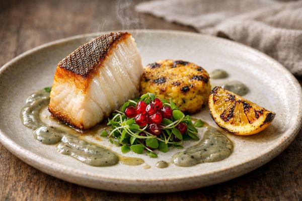 Charred Halibut with Burnt Shallot-Green Chilli Emulsion, Crispy Chickpea Cake & Mustard Oil Microgreens
