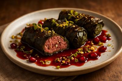 Ciğer Sarması Revisited: Pan-Seared Lamb Liver & Grape Leaf Packets with Pomegranate Molasses Gastrique & Pistachio Crumble