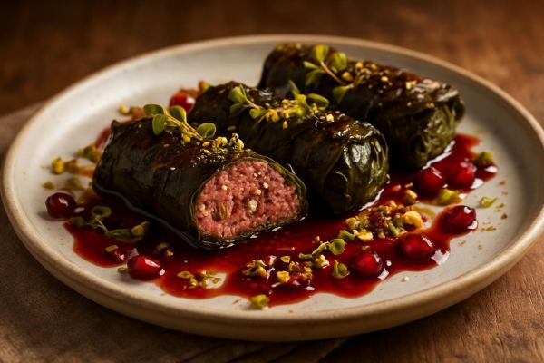 Ciğer Sarması Revisited: Pan-Seared Lamb Liver & Grape Leaf Packets with Pomegranate Molasses Gastrique & Pistachio Crumble