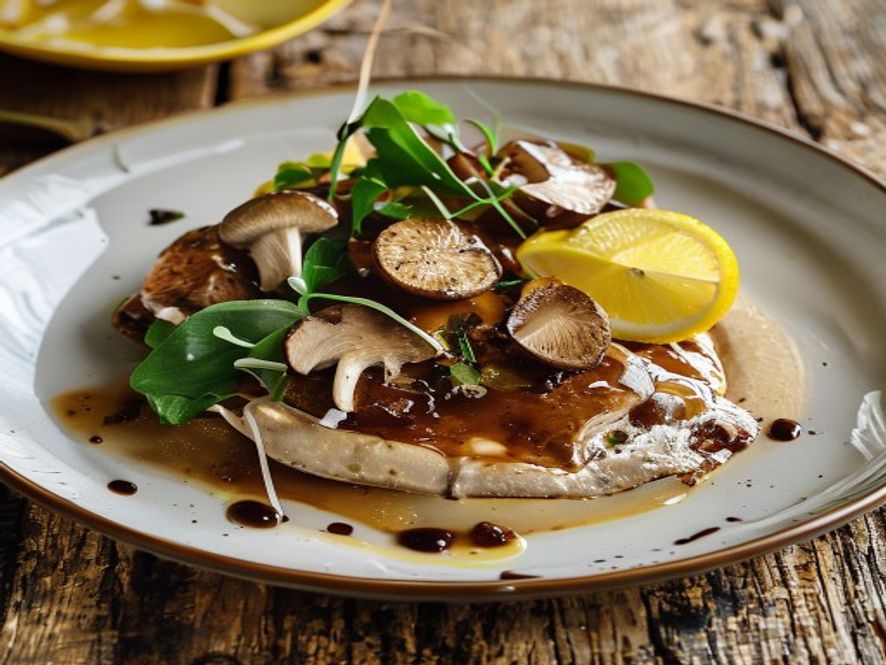 Pan-Seared Turkey Breast Scaloppine with Miso Brown Butter, Shimeji Mushrooms & Daikon Greens