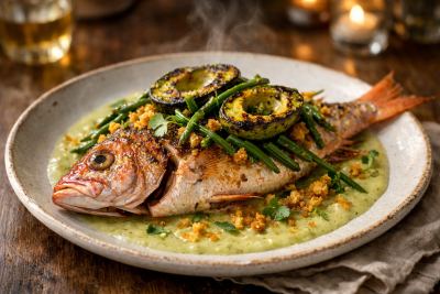 Whole Roasted Red Snapper en Papillote with Sofrito Emulsion, Charred Avocado, Charred Sea Beans & Crispy Garlic-Lime Breadcrumbs