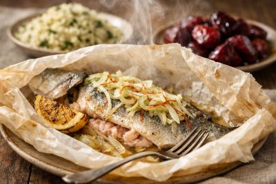 Whole Roasted Robalo en Papillote with Saffron, Fennel & Charred Lemon; Herbed Couscous & Roasted Beets
