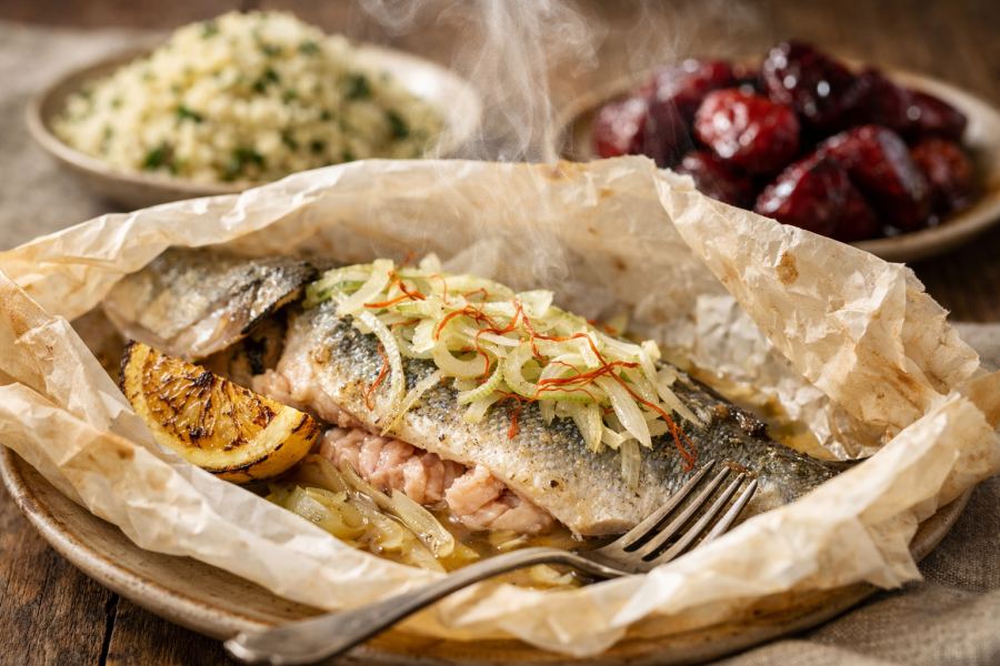 Whole Roasted Robalo en Papillote with Saffron, Fennel & Charred Lemon; Herbed Couscous & Roasted Beets