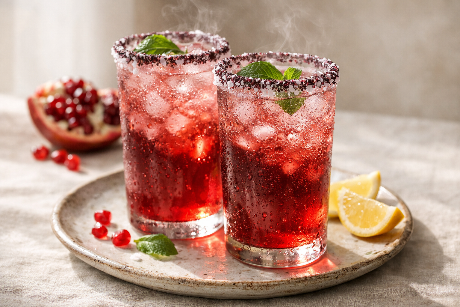 Iced Freshly Pressed Pomegranate Juice with Sparkling Water, Mint & Sumac Rim
