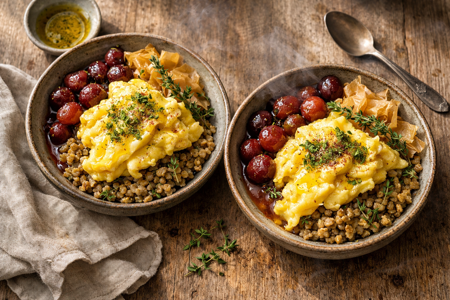 Freekeh & Roasted Grape Scramble with Za'atar Crisps