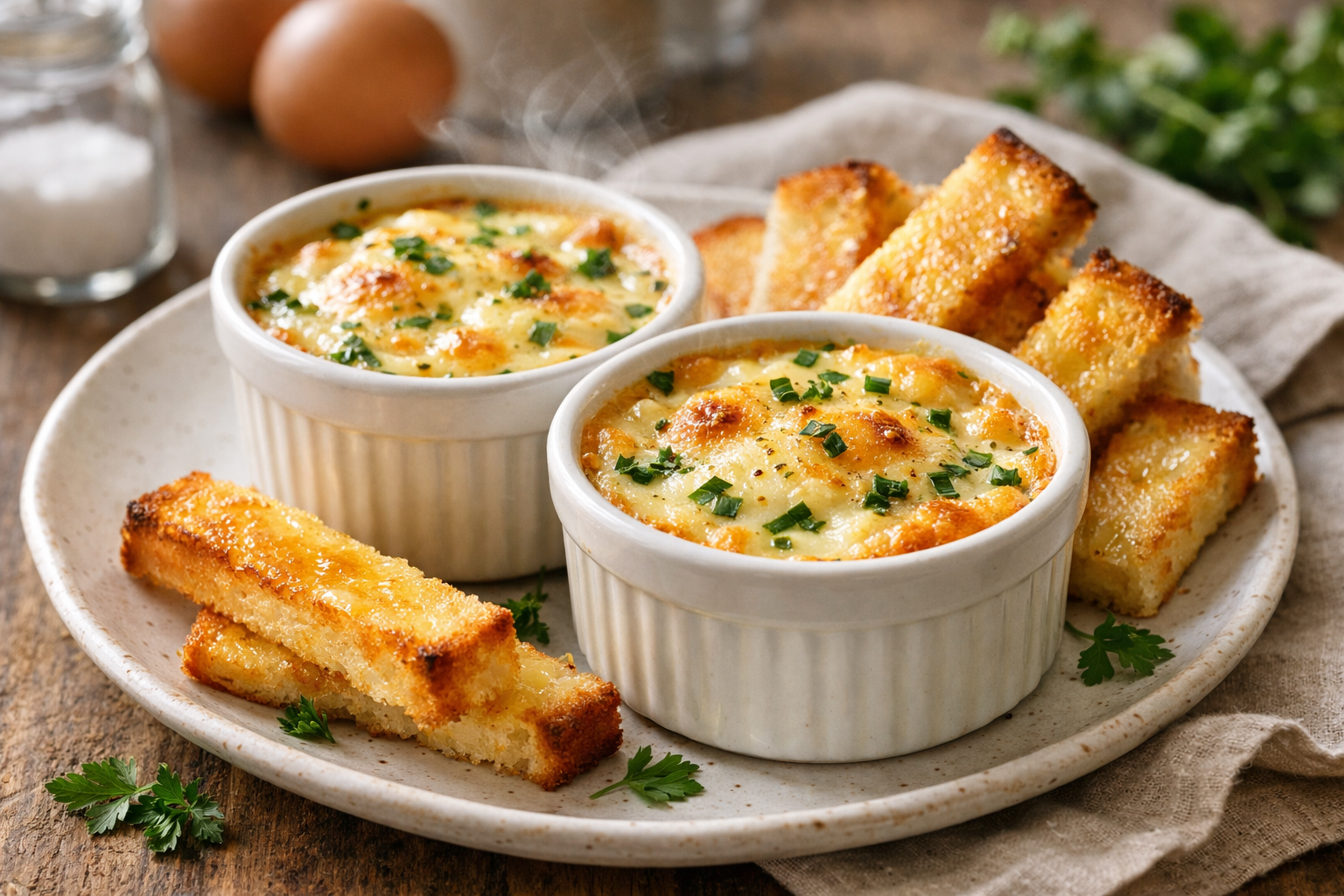 Œufs Cocotte aux Fines Herbes & Crispy Soldiers