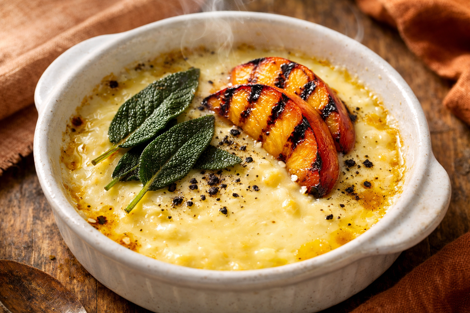 Brown Butter Corn Silk Custard with Crispy Sage, Charred Peach & Black Garlic Dust