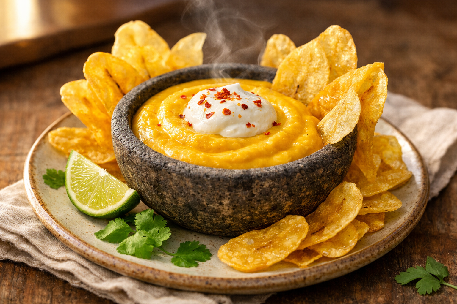 Roasted Potato & Ají Amarillo Dip with Crispy Plantain Chips