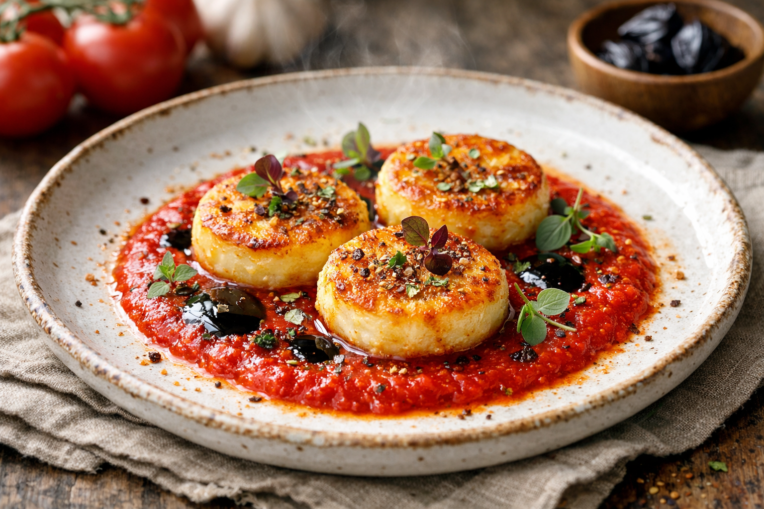Crispy Halloumi Coins with Sumac Tomato Emulsion & Black Garlic Oil