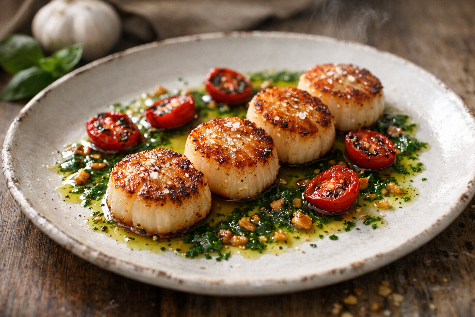 Seared Scallop & Roasted Tomato Salad with Crispy Garlic & Herb Oil