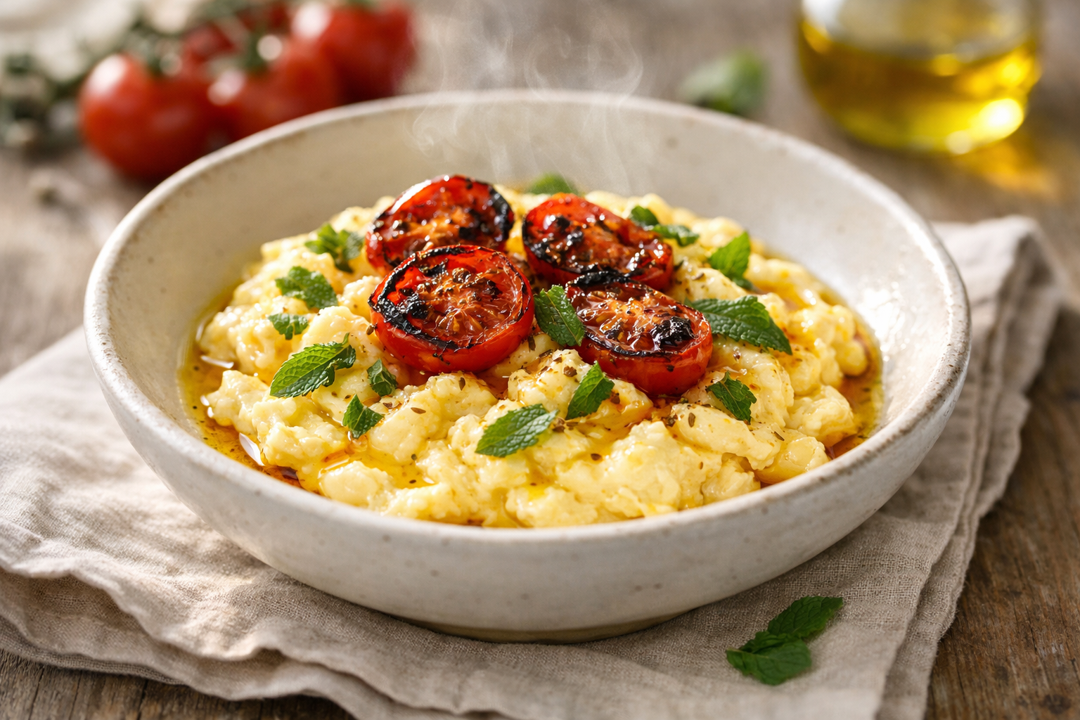 Injera-Spiced Scramble with Charred Tomato Confit & Crispy Sage Oil