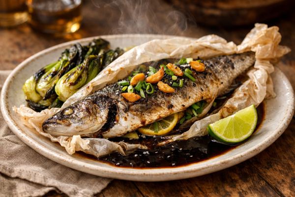 Whole Charred Branzino en Papillote with Crispy Garlic Confit, Fermented Black Bean Jus & Charred Baby Bok Choy