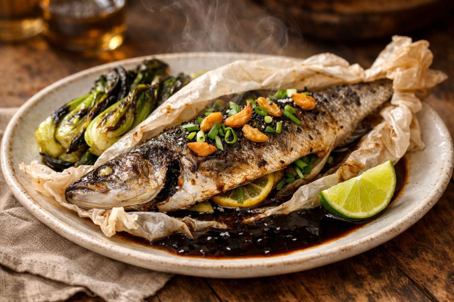 Whole Charred Branzino en Papillote with Crispy Garlic Confit, Fermented Black Bean Jus & Charred Baby Bok Choy