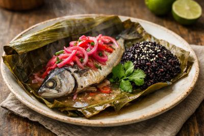 Cá Nướng Ngoài Lá Chuối Với Nước Sốt Hành Đỏ: Whole Mackerel in Banana Leaf with Red Onion-Lime Escabeche & Black Garlic Rice