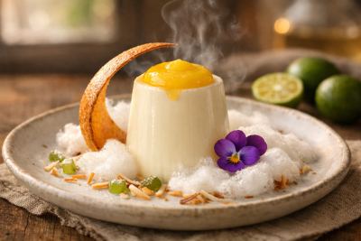 Coconut-Pandan Panna Cotta Cylinder with Calamansi Curd, Crispy Coconut Tuile & Toasted Coconut Foam