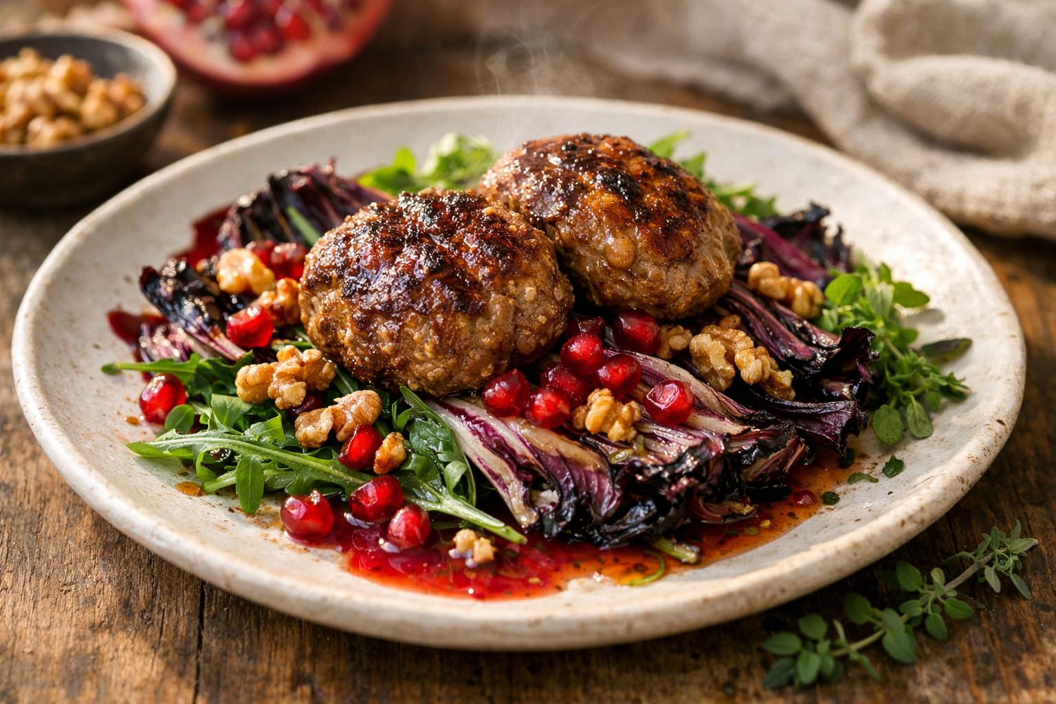Wood-Fired Lamb Köfte Salad with Charred Radicchio & Pomegranate-Walnut Dressing
