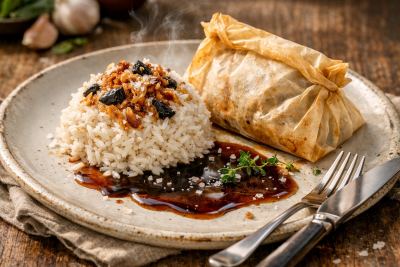 Allspice & Rum-Glazed Mahi-Mahi en Papillote with Charred Pineapple, Scotch Bonnet & Black Garlic Rice