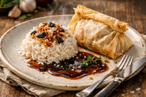 Allspice & Rum-Glazed Mahi-Mahi en Papillote with Charred Pineapple, Scotch Bonnet & Black Garlic Rice