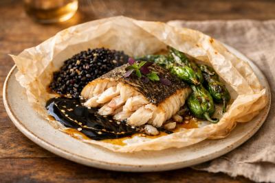 Soy-Butter Glazed Striped Bass en Papillote with Charred Shishito Pepper, Toasted Black Barley & Black Garlic Beurre Blanc
