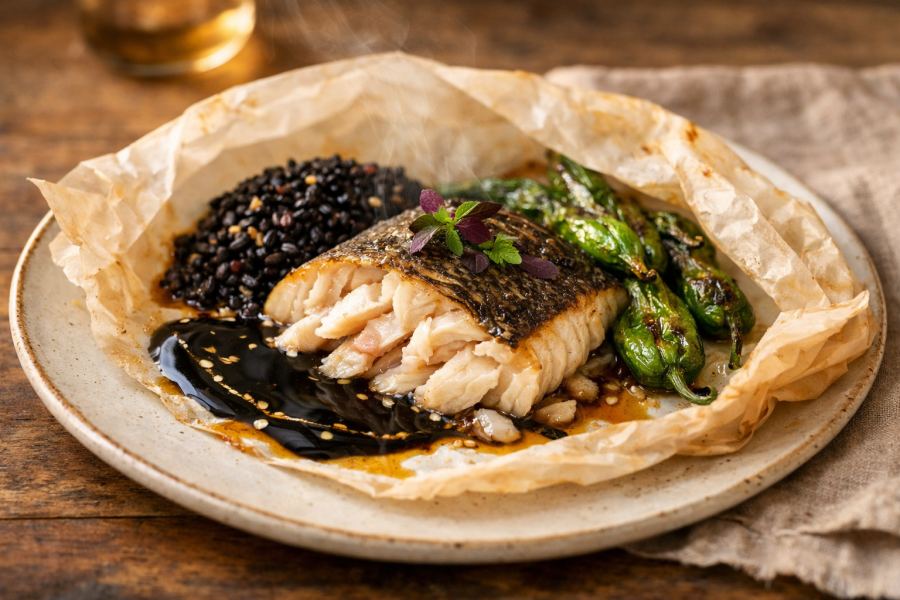 Soy-Butter Glazed Striped Bass en Papillote with Charred Shishito Pepper, Toasted Black Barley & Black Garlic Beurre Blanc