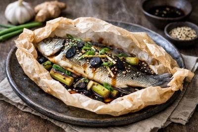 Whole Roasted Branzino en Papillote with Fermented Black Bean, Charred Leek & Ginger-Black Garlic Jus