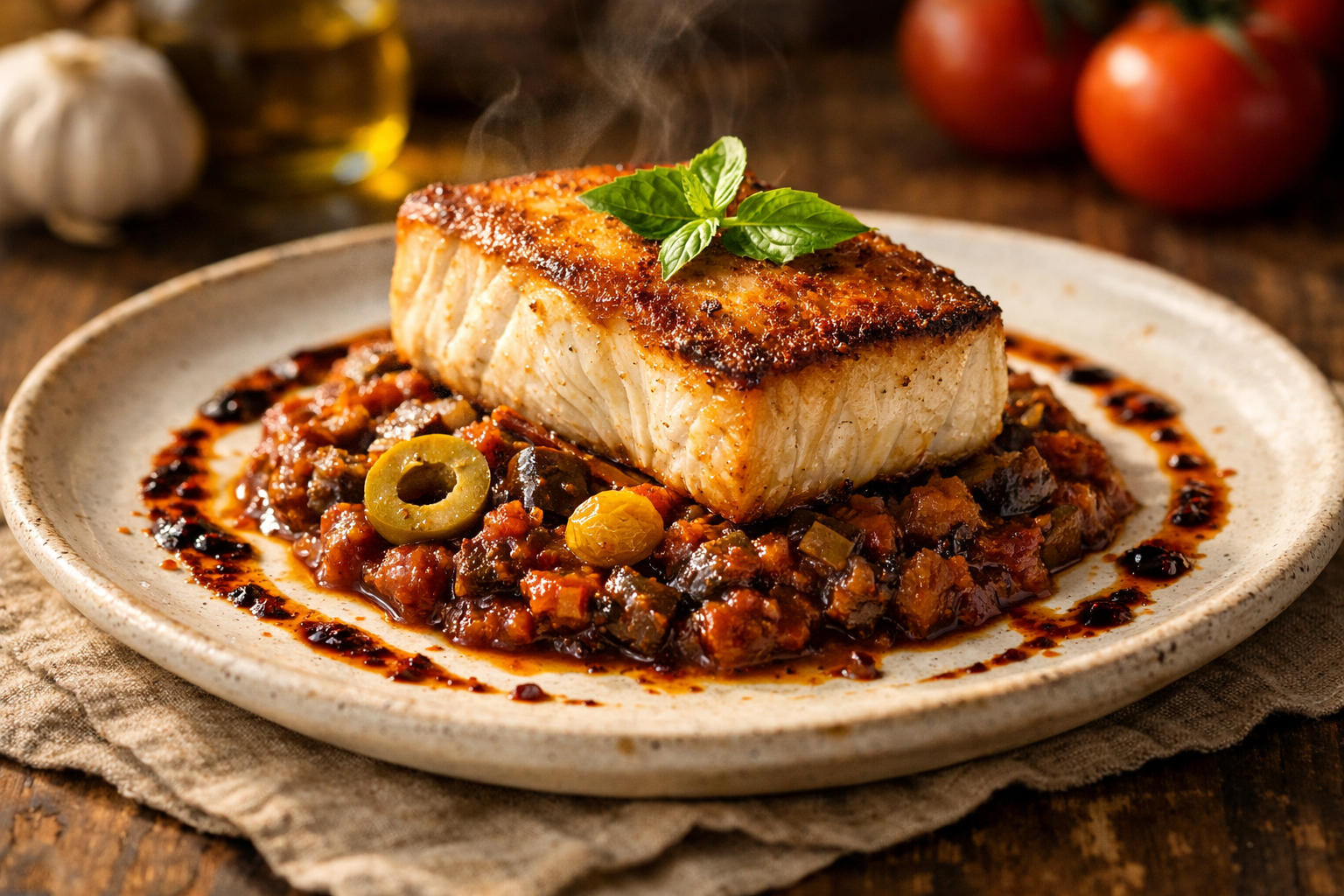 Pan-Seared Swordfish with Burnt Chili Oil & Charred Eggplant Caponata